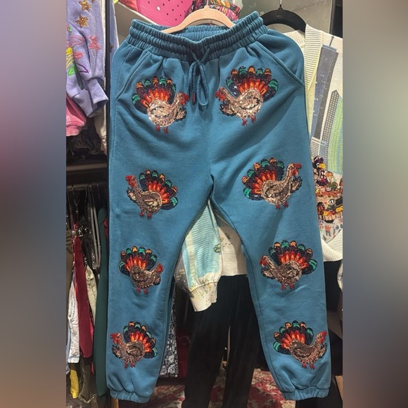 QUEEN OF SPARKLES Pants - QUEEN OF SPARKLES Teal Turkey Embroidered XS Joggers